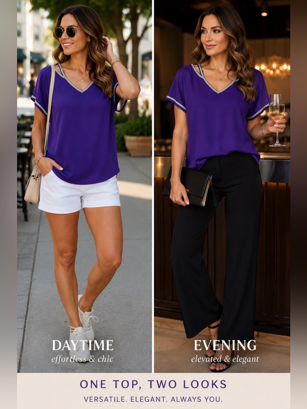 Love Scarlett Purple Rhinestone Trim Blouse V-Neck Stretch Tunic Top L NWOT